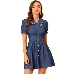 Women’s Blue Chambray Collar Puff Short Sleeve Flare A-line Dress